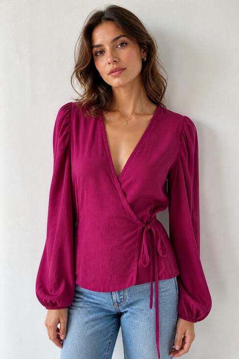 Lulus Tops - Lulus S Fuchsia Wrap Blouse with Puff Sleeves